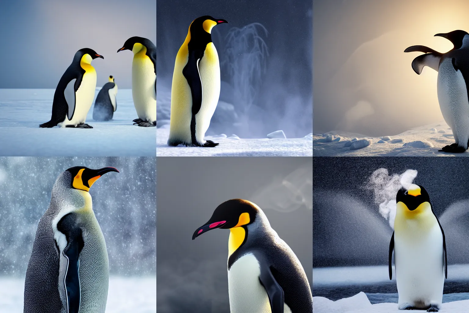 Image similar to ultra detailed octane render of an emperor penguin, volumetric lighting, post processing, after effects, smoke, shadows and natural lighting, dramatic pose, steam rising, snowy background, ultra high detail, ultra fine hair, ultra fine texture, hyper realistic,