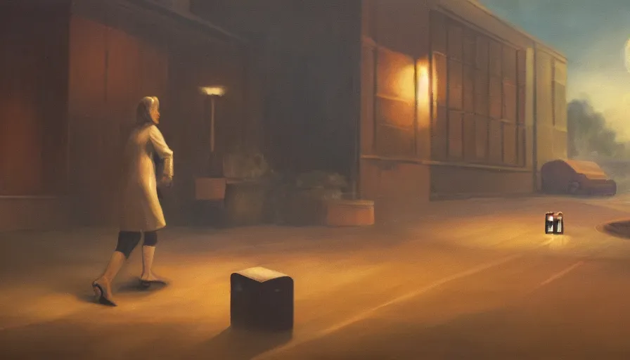Prompt: an oil painting of an antibiotic pill running away from a pharmaceutical company representative, illustration, cinematic lighting, establishing shot