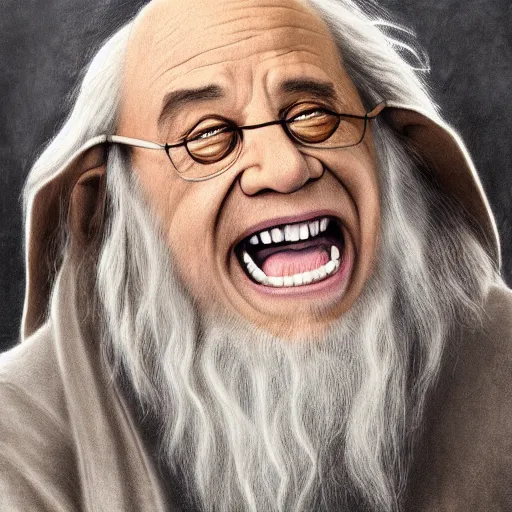 Image similar to danny devito as gandalf, deviantart, smile, ultra realistic illustration, final fantasy, high quality, full color, full body, lotr movies