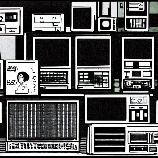 Prompt: a room full of computer screens and wires, serial experiments lain, sprite, vaporwave nostalgia, directed by beat takeshi, visual novel cg, 8 0 s anime vibe, kimagure orange road, maison ikkoku, sketch by akira toriyama