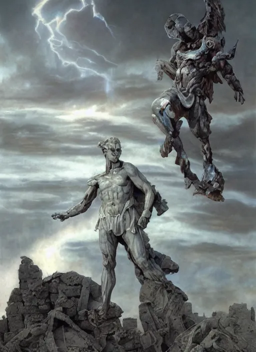 Image similar to statue of a diabolical marble stone cyborg, wearing torn white cape, dynamic pose, thunder, glowing eyes, post apocalyptic ancient ruins, glowing veins subsurface scattering, in clouds, sunset, portrait, by gerald brom, by mikhail vrubel, by peter elson, muted colors, extreme detail, trending on artstation, 8 k