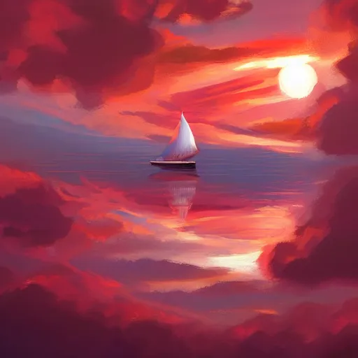 Prompt: a small sailboat flying through the sky, fluffy clouds, red-pink sunset, floating, fantasy, concept art, illustration, artstation award, bright