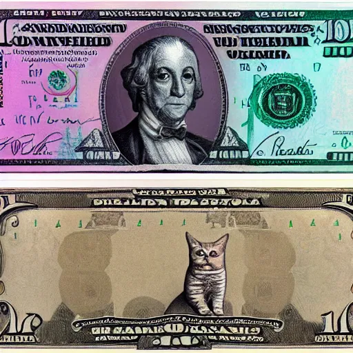 Prompt: ten dollar note with a drawing of a cat