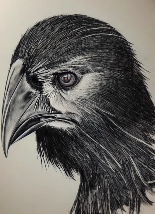 Prompt: portrait of a raven, by takehiko inoue and kim jung gi and hiroya oku, masterpiece ink illustration, realistic face and anatomy