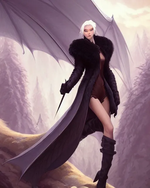 Image similar to dragon hunter wearing a fur - lined dragonhide jacket!!! beautiful and gorgeous elegant white hair!! symmetry, character concept art, sharp focus, illustration, art by artgerm!! greg rutkowski magali villeneuve wlop!! ilya kuvshinov!! charlie bowater! octane render, unreal engine 5! highly rendered!!