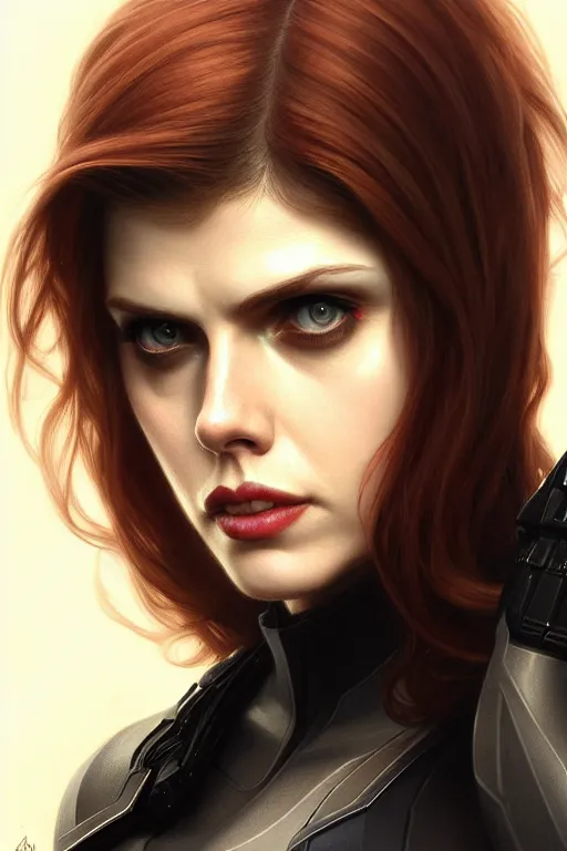 Image similar to alexandra daddario as black widow, realistic portrait, symmetrical, highly detailed, digital painting, artstation, concept art, smooth, sharp focus, illustration, cinematic lighting, art by artgerm and greg rutkowski and alphonse mucha