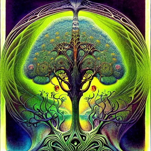 Image similar to tree of life by roger dean and andrew ferez, art forms of nature by ernst haeckel, divine chaos engine, symbolist, visionary, art nouveau, botanical fractal structures, lightning, surreality, lichtenberg figure