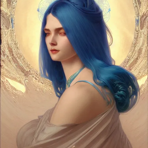 Image similar to goddess, blue hair, intricate, elegant, ethereal, highly detailed, retro, digital painting, artstation, concept art, smooth, sharp focus, full shot, illustration, art by artgerm and greg rutkowski and alphonse mucha