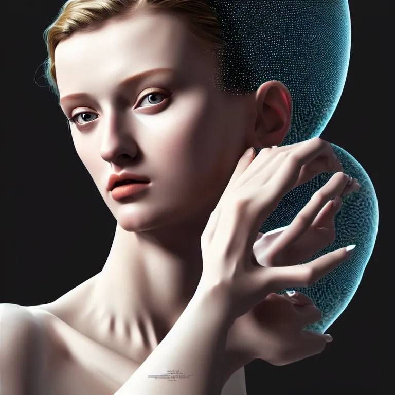 Image similar to hyperrealism photography computer simulation visualisation of parallel universe cgi scene with beautiful highly detailed ukrainian woman by caravaggio wearing neofuturistic neural interface by josan gonzalez - s 1 5 0