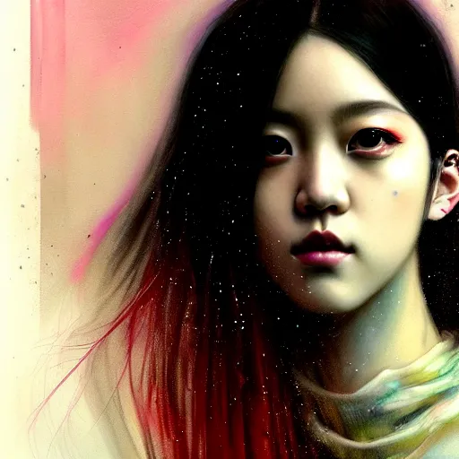 Prompt: jisoo of blackpink, hyperrealistic portrait, bladerunner street, by karol bak and agnes cecile, fantasy art, photo realistic, dynamic lighting, artstation, poster, volumetric lighting, very detailed face, intricate complexity, rule of thirds, 8 k, award winning