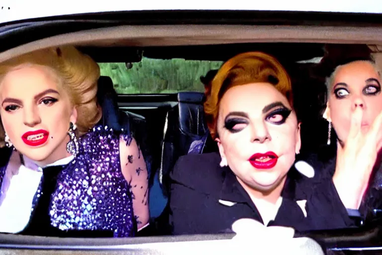 Image similar to lady gaga and judy garland doing carpool karaoke, lady gaga and judy garland, carpool karaoke, lady gaga, judy garland, carpool karaoke, youtube video screenshot, the late late show with james corden, higly realistic, high resolution, dashcam