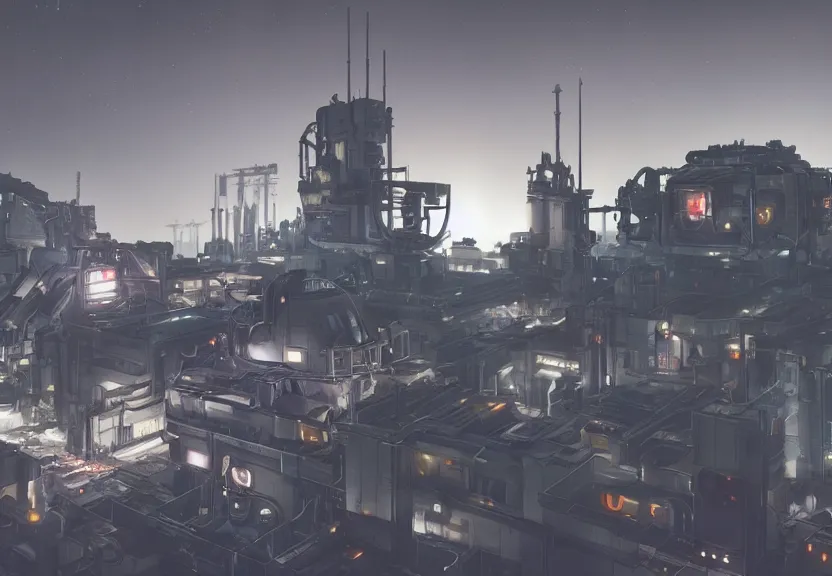 Prompt: a minimalist scifi brutalist maschinen krieger robot factory at night with columns of steam, ilm, beeple, star citizen halo, mass effect, bladerunner, elysium