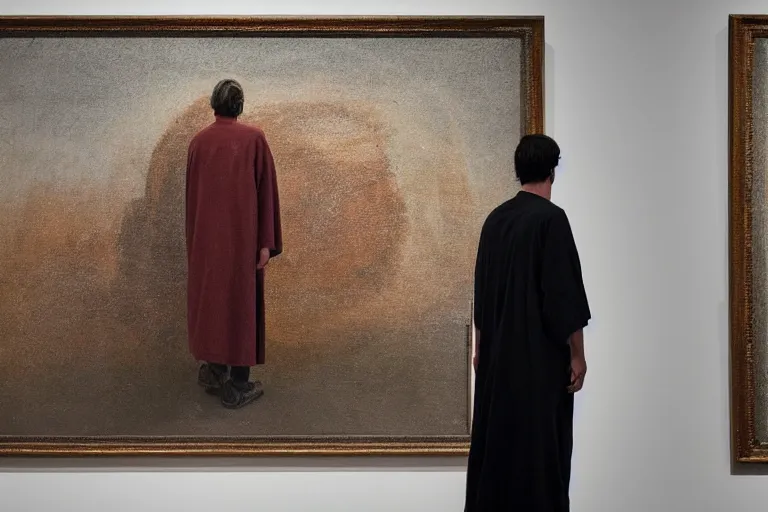 Prompt: back view of a man wearing old weathered robe in front of the framed painting in the minimalistic modern art gallery, by rutkovski and stalenhag and david lynch