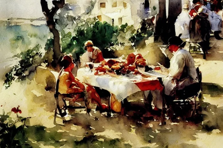 Image similar to abstract watercolor painting of first summer day, portuguese lunch, cinematic light, national romanticism by anders zorn