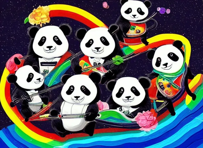 Image similar to “ an entire family of pandas in tuxedos and dresses riding in a speedboat with yung gravy on a rainbow in outer space. created in the style of salvador dali. high detail. ”