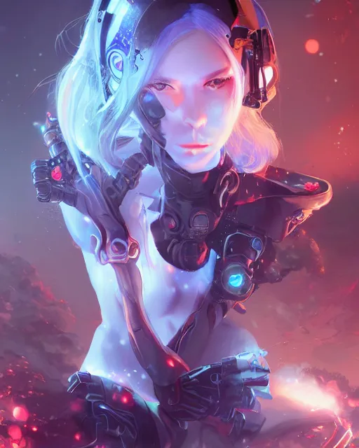 Image similar to holy cyborg necromancer girl, elegant, scifi, futuristic, utopia, garden, illustration, atmosphere, top lighting, blue eyes, white hair, focused, artstation, highly detailed, art by yuhong ding and chengwei pan and serafleur and ina wong