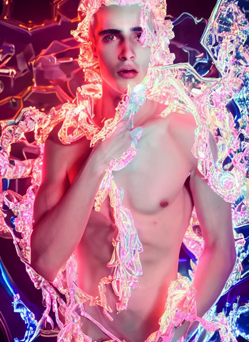 Prompt: photo of baroque and bladerunner delicate neon diamond sculpture of ceramic albino king adrien sahores seductive delicious lip licking, creamy orange iridescent humanoid deity wearing white fluffy hoody holding diamond skull in a black metallic dungeon, reclining, glowing rainbow face, crown of white diamonds, cinematic lighting, photorealistic, octane render 8 k depth of field 3 d