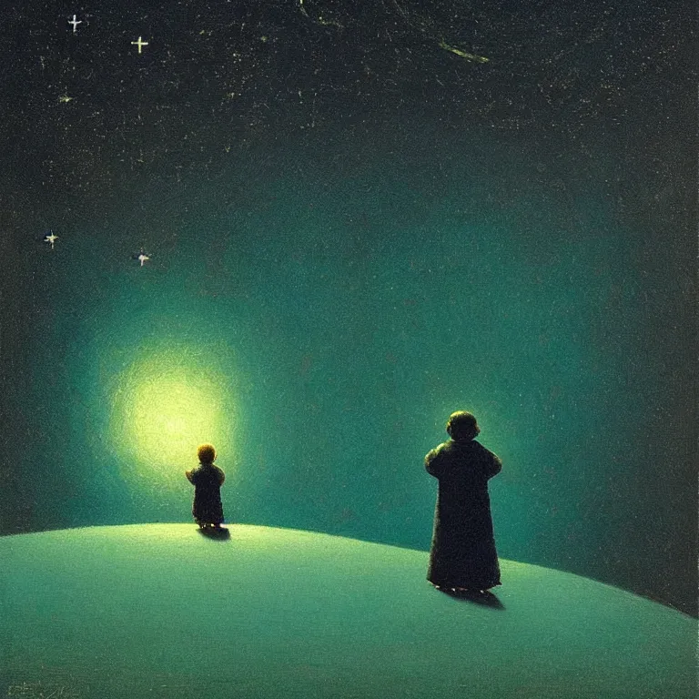 Image similar to a small figure staring at the stars, warn lighting, glowing, arkhip kuindzhi painting, teal palette, eschaton