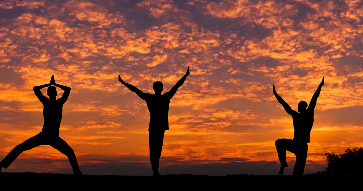 Image similar to wide range photo silhouette of a man doing yoga, at a beautiful sunset, highly detailed, colorful,