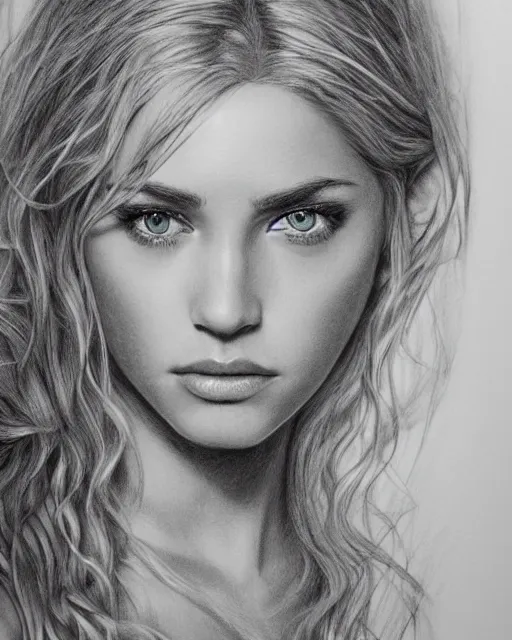 Image similar to pencil drawing of a beautiful greek goddess aphrodite with arrowhead jewelry, beautiful piercing eyes, beautiful blonde hair, hyper realistic face, in the style of greg rutkowski, fantasy, amazing detail, epic, elegant, smooth, sharp focus, from the front