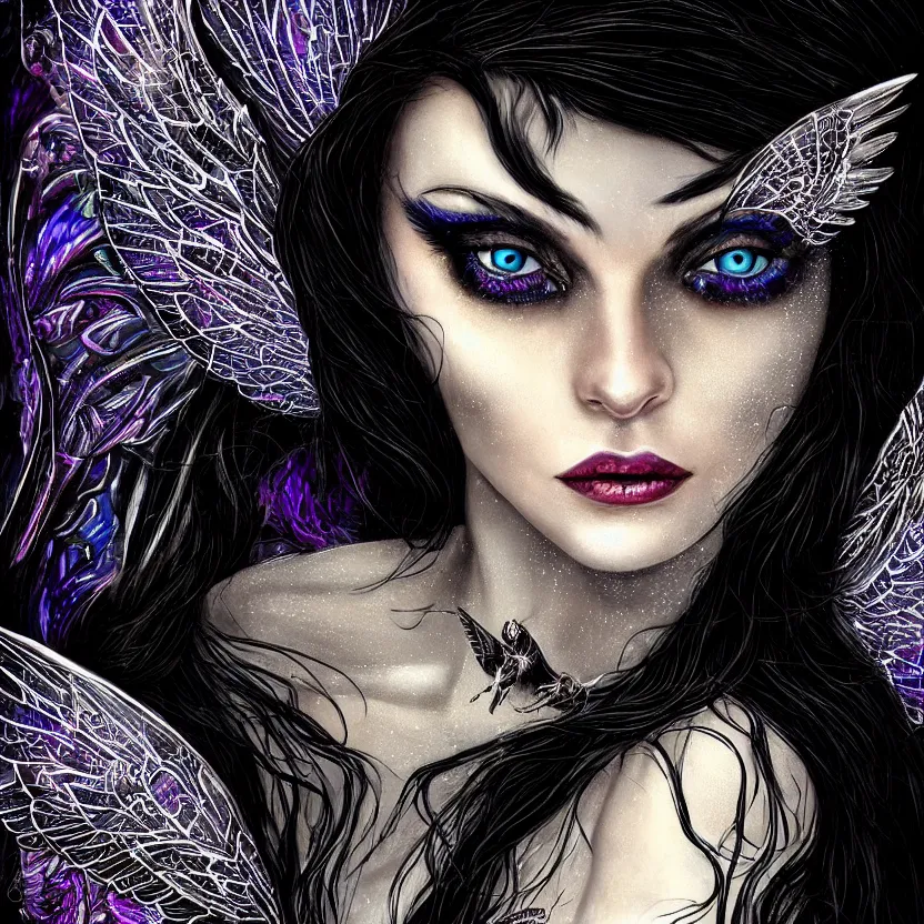 Prompt: close up portrait on the enchanting femenine witch, hyper attractive, seductive, very complex, hyper-maximalist, overdetailed, legendary cinematic, darkfantasy, archetype with timeless beauty breathtaking eyes & glowing wings, collossal moon rising behind her with bird shadows, highly intricate, digital art, very elegant, HDR 8K, biblical art, realism, incomprehensible yet perspicious detail, unbeatable quality, silent hill aesthetic, photorealistic, lifelike, DSLR 8k, unbeatable coherency, Omnious intricate, octane render, created Nixeu & z--ed from deviantart