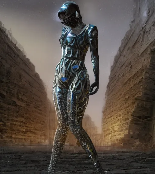 Image similar to tarkovsky greatest scene, the ancient destroyed majestic tower of babylon, woman in futuristic cyber clothing, transparent puffer jacket, hyper realistic, blockchain, cyber world, ambient lighting, concept art, intricate, hyper detailed, smooth, dynamic volumetric lighting, octane, ray trace, cinematic, high quality, high resolution, 4 k, cgsociety