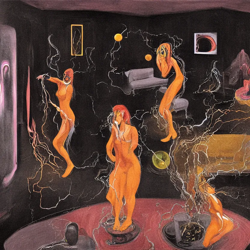 Prompt: Detailed image of a woman bouncing in a living room of a house, floating dark energy surrounds the middle of the room. There is one living room plant to the side of the room. Goddess of flame surrounded by a background of dark cyber mystic alchemical transmutation heavenless realm, by francis bacon and Jenny seville, midnight hour, part by adrian ghenie, part by jeffrey smith, part by josan gonzales, part by norman rockwell, part by phil hale, part by kim dorland, artstation, highly detailed