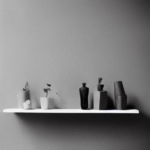 Prompt: 3 empty shelves on a light grey wall, Off-White, realistictic, color film photography by Tlyer Mitchell, 35 mm, graflex