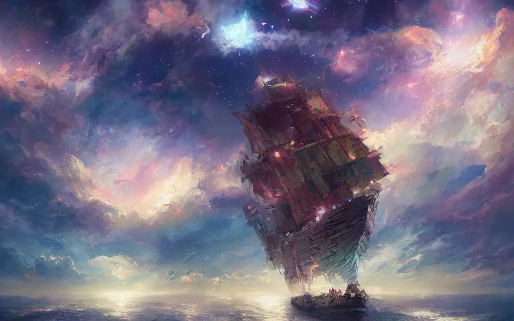 Image similar to a beautiful painting of ancient ancient building ship shining in the sea of stars and clouds, by krenz cushart, trending on artstation. colorful color scheme