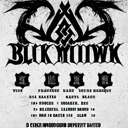 Prompt: black metal show flyer, black metal logos, unreadable, 3 band lineup, local bar, d. i. y. venue