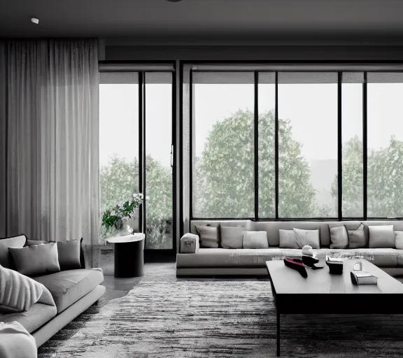 Image similar to brutalist black mansion luxury living room open space tall windows interior design minimalist organic, organic architecture furniture open space high quality octane render blender 8 k