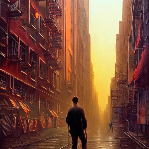 Prompt: a man walking through the lower east side, followed by strange figures he can only half - see. high quality high detail painting by david mattingly and ralph mcquarrie and richard corben, hd, realistic matte painting, photorealistic lighting, modern supernatural urban horror aesthetic.