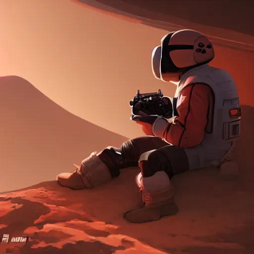 Image similar to puffin on mars playing video games, cinematic, cinematic lighting, trending on Artstation, Cgsociety, detailed, 4k, very realistic