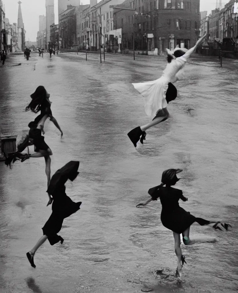 Image similar to A woman wearing a dress, long legs, leaping over a large puddle in the street, the decisive moment, photographed by Henri Cartier-Bresson on a Leica camera