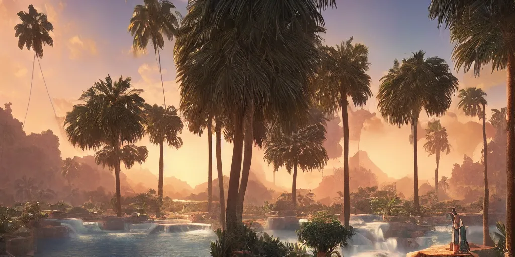 Image similar to beautiful oasis waterfalls surrounded by palm trees moroccan tile archways, date trees, ivory towers sunset peter morbacher ross tran angelarium greg rutkowski alchemy luxury heavenly light soft illumination, trending on artstation cinematic lighting digital painting octane render, artgerm