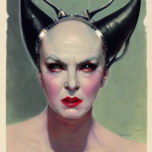 Prompt: Frontal portrait of a sneering bald woman with horns and icy blue eyes, by Robert McGinnis.