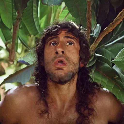 Image similar to cinematic still of hiding middle eastern skinned frightened man wearing fig leaves for clothing, paradise background, from Biblical epic by Steven Spielberg