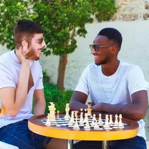 Prompt: two young guys are sitting at a table, playing chess. One is wearing a yellow tanktop and is smiling. The other has a white shirt and looks angry. The sky is blue with a Mediterranean background. Foto