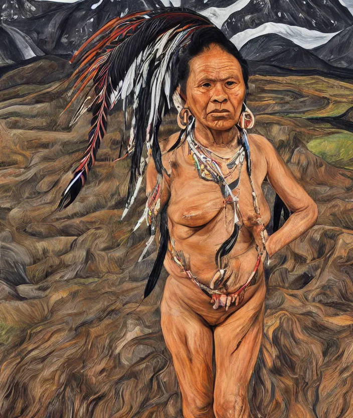 Image similar to full body shot picture of indigenous people young slim fit woman leader in canyon, painted by lucian freud, beautiful feathers, hd, super detailed, realistic