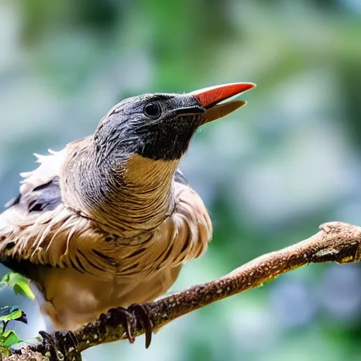 Image similar to a photo of real bird with real human teeth, newly discovered, rainforest, highly detailed, trending