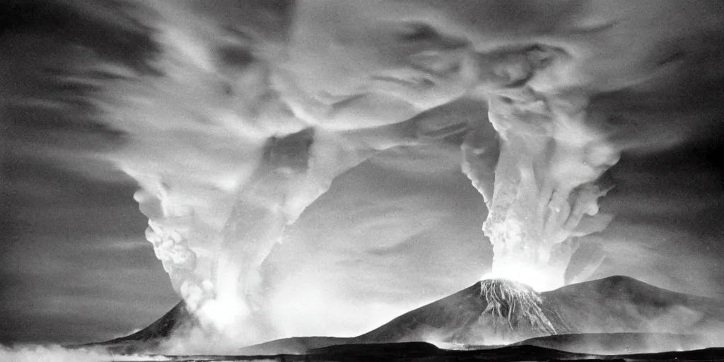 Prompt: A sebastiao salgado photograph of an Icelandic volcano violently erupting into space, a single stream of lava launching into the sky, the lava becomes lightning