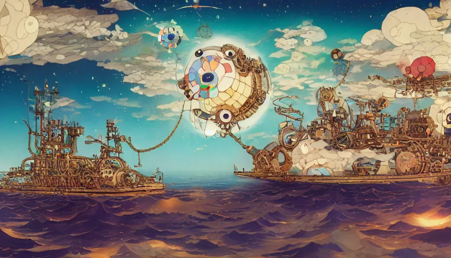 Image similar to a steampunk ship in the sky above the sea y by takashi murakami,, beeple and james jean, aya takano color style, 4 k, super detailed, night sky, digital art, digital painting, celestial, majestic, colorful
