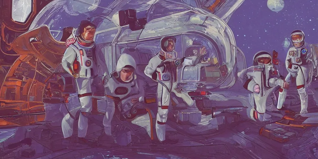 Image similar to a portrait of stallone and van damm and monroe pilots in spacesuit on field forrest spaceship station landing laying lake artillery outer worlds in FANTASTIC PLANET La planète sauvage animation by René Laloux