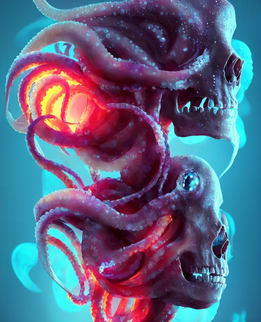 Image similar to goddess close - up portrait human skull, ram skull, squid phoenix jellyfish, orchid, betta fish, bioluminiscent, intricate artwork by tooth wu and wlop and beeple. octane render, trending on artstation, greg rutkowski very coherent symmetrical artwork. cinematic, hyper realism, high detail, octane render, 8 k