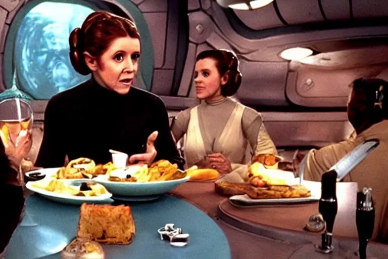 Prompt: princess leia having lunch at quark's bar on deep space nine