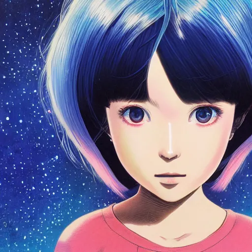 Prompt: A cosmic girl with big and cute eyes, holding the earth || VERY ANIME, fine-face, realistic shaded perfect face, fine details. Anime. realistic shaded lighting poster by Ilya Kuvshinov katsuhiro otomo ghost-in-the-shell, magali villeneuve, artgerm, Jeremy Lipkin and Michael Garmash, Rob Rey and Kentarõ Miura style, trending on art station