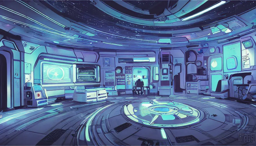 Prompt: a space ship circular medic room with bright holodesk in the center showing a blue hologram of a solar system, dark people discussing, contrasted light, clair obscur, illustration, clean lines, star wars vibe, by sead mead, by feng zhu!!! by moebius, vivid colors, spectacular cinematic scene