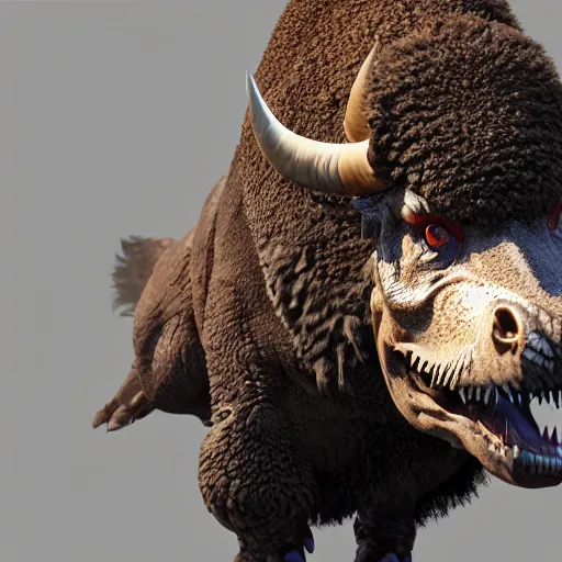 Prompt: A mix of a tyrannosaurus rex and a bison, highly detailed, 8k, Unreal Engine render