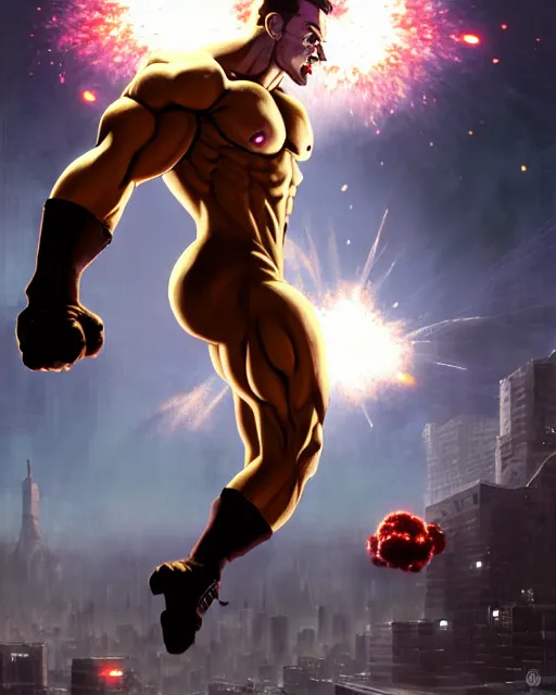 Image similar to gigachad luigi bodybuilder jumping in front of a atomic blast fighting like one punch man wearing a suit in the fight club city, fantasy character portrait, ultra realistic, anime key visual, full body concept art, intricate details, highly detailed by greg rutkowski, ilya kuvshinov, gaston bussiere, craig mullins, simon bisley