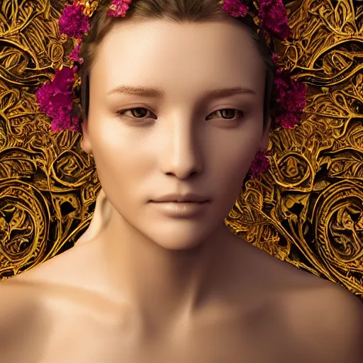 Image similar to beatifull frontal face portrait of a woman, 150 mm, anatomical, flesh, flowers, mandelbrot fractal, facial muscles, veins, arteries, symmetric, intricate, golden ratio, full frame, microscopic, elegant, highly detailed, ornate, ornament, sculpture, elegant , luxury, beautifully lit, ray trace, octane render in the style of peter Gric , alex grey and Romero Ressendi